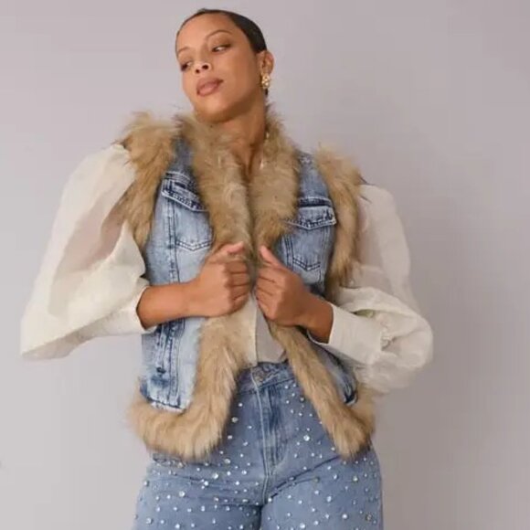 Passion of Essence Jackets & Blazers - Stylish Blue Denim Vest with Faux Fur Trim